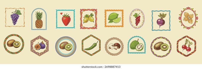 Colección de frutas y verduras, iconos de alimentos dibujados a mano, ilustración botánica vintage, diseño retro de pegatinas de supermercado.