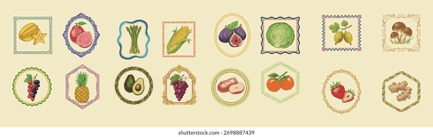 Colección de frutas y verduras, iconos de alimentos dibujados a mano, ilustración botánica vintage, diseño retro de pegatinas de supermercado.