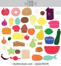 Fruit and vegetable colored illustration. Breakfast food, bread, cheese, egg and  jam sketch. Dessert, cupcake, ice cream and donuts drawing. Cheese burger, fish sushi, zucchini pasta and nuts.