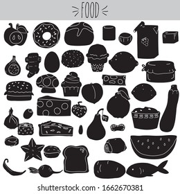Fruit and vegetable colored illustration. Breakfast food, bread, cheese, egg and  jam sketch. Dessert, cupcake, ice cream and donuts drawing. Cheese burger, fish sushi, zucchini pasta and nuts.