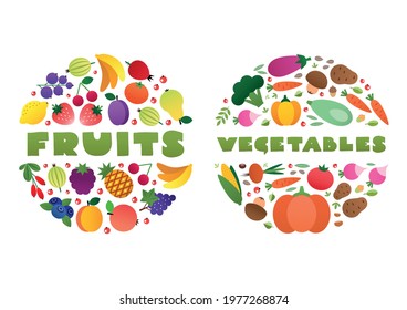 Fruit And Vegetable Concept. Set Of Two Circle Compositions Of Fruits And Vegetables Drawn In A Flat Style. Vector 10 EPS.