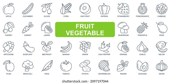 Concepto de frutas y verduras línea simple conjunto de iconos. Empaquetar pictogramas de manzana, pepino, banana, zanahoria, tomate, papa, sandía y otros. Símbolos vectores para el diseño de sitios web y aplicaciones móviles