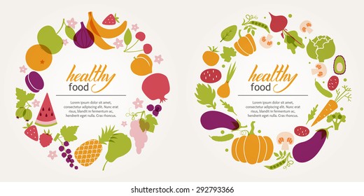 Fruit and vegetable decorative frames to design a menu. Healthy diet, vegetarian and vegan.