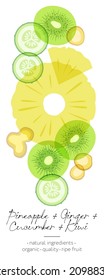 Fruit and vegetable detox. Cucumber, pineapple, kiwi and ginger mix. Beautiful transparency whole and cut fruits.