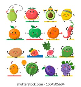 Fruit And Vegetable Doing Sport Exercise Vector Isolated. Food Character On Fitness Workout. Healthy Lifestyle.