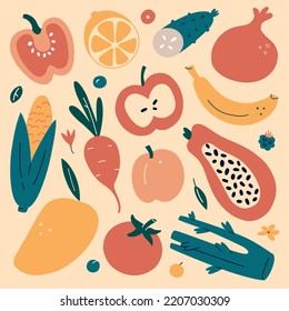 Fruit and vegetable doodle icons collection, vector illustrations of apple, corn, tomato, isolated colored clipart on beige background, healthy organic food, colored garden tasty exotic fruits and veg