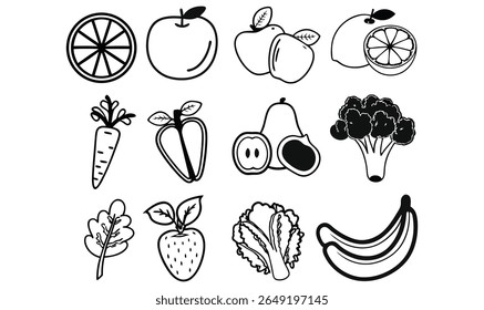 "Fruit and Vegetable Doodle Set Black and White Hand-Drawn Icons of Fresh Produce"