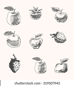Fruit and vegetable drawings set with tomato, apple and strawberry, in sketch hand drawn style