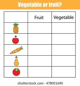 Fruit or vegetable educational children game, printable kids activity sheet