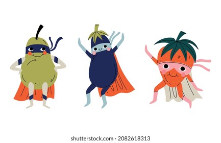 Fruit and Vegetable in Eye Mask and Superhero Cloak Vector Set