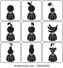 Fruit and vegetable faces avatars. App Icons Set in Trendy Flat Style. Food. Orange, grapefruit, cherry, apple, banana, pear, pineapple, grapes.