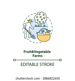 Fruit and vegetable farms concept icon. Farm production types. Fresh organic foods production idea thin line illustration. Vector isolated outline RGB color drawing. Editable stroke