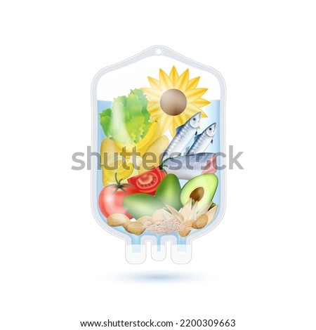 Fruit vegetable, fish and sunflower inside saline bag rich in vitamins. IV drip natural products containing dietary fiber and minerals healthy. Realistic 3D vector EPS10.