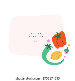 Fruit vegetable frame with copyspcae, banner template with hand drawn illustration of chili and sweet pepper, abstract background, good as banner, poster, cover with place for text