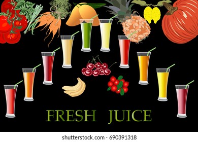 Fruit and Vegetable Fresh Juice with illustration of fruits and vegetables on black.