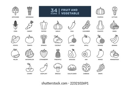 fruit and vegetable fresh natural salad tropical grocery food detailed thin line outline icon set. simple vector illustration