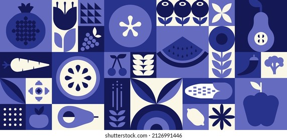 Fruit Vegetable Geometric Pattern. Organic Natural Food Background Creative Simple Bauhaus Style, Agriculture Vector Design