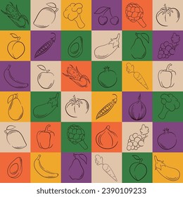 Fruit and vegetable geometric seamless pattern. Food background in line art, hand drawn style. Fruits and vegetables arranged in square. Vector illustration.
