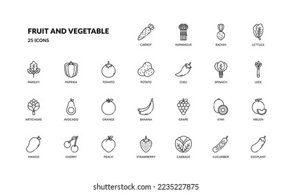 fruit and vegetable grocery vegan veggies grocery food detailed thin line outline icon set. simple vector illustration