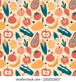 Fruit and vegetable hand drawn doodle pattern, vector colored seamless ornament of apple, corn, tomato, colored pattern on beige background, healthy organic food, colored garden fruits and vegetables