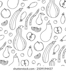 Padrão desenhado à mão de frutas e legumes. Doodle estilo colheita festival planta fundo. Comida vegetariana. Ilustração vetorial em preto e branco.