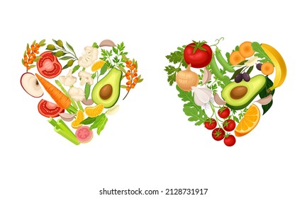 Fruit and Vegetable Heart with Bright Ripe Vitaminic Crop Vector Set