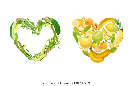 Fruit and Vegetable Heart with Bright Ripe Vitaminic Crop Vector Set