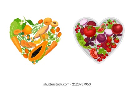 Fruit and Vegetable Heart with Bright Ripe Vitaminic Crop Vector Set