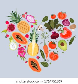 Fruit and vegetable heart. Healthy eating and fitness concept. Variety of fresh fruits and vegetables organised into a heart shape. Yellow pineapple, avocado, papaya, beetroot. Trendy vector design.