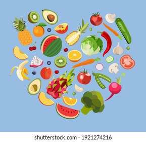 Corazón de frutas y verduras. El concepto de comida saludable y fitness. Variedad de frutas y verduras frescas en forma de corazón. Piña amarilla, aguacate, sandía, fruta de dragón, brócoli, iceberg letto