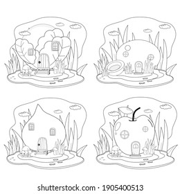 Fruit and vegetable house in the middle of the forest. black and white vector illustration bundle for coloring book