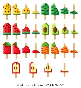 Fruit and vegetable Ice cream sticks pixel art set. Vector illustration.