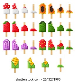 Fruit and vegetable Ice cream sticks pixel art set. Vector illustration.