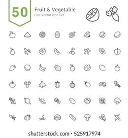 Fruit And Vegetable Icon Set. 50 Line Vector Icons.