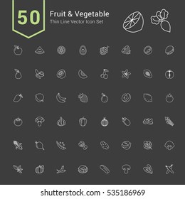 Fruit and Vegetable Icon Set. 50 Thin Line Vector Icons.