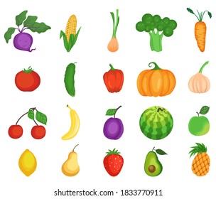 Fruit and vegetable icon set, flat vector isolated illustration. Fresh organic vegetarian foods, cartoon style. Kohlrabi, corn, onion, broccoli, carrot, tomato, cucumber, avocado apple pear lemon etc.