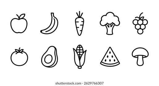 Fruit and vegetable icon set - outline, healthy eating symbols for nutrition