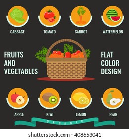 Fruit and vegetable icon set with solid flat color for infographic design. Basket with full of fresh organic vegetables. Organic Healthy food concept. 