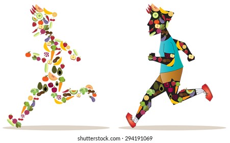 Fruit and vegetable icon in sportsman human shape are running and racing each other for good nutrition health in isolated background. The racer with more clean food wins. Create by vector. 