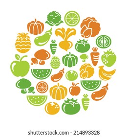 Fruit and Vegetable Icons in Circle Shape