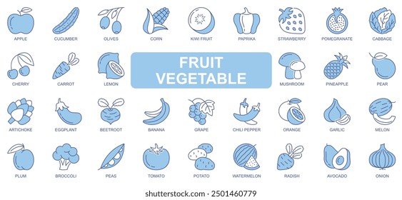 Iconos de frutas y verduras en diseño de trazo de contorno duotono para Web. Empaque pictogramas de manzana, pepino, aceitunas, maíz, kiwi, pimentón, repollo, cereza, limón, champiñón, otros. Ilustración vectorial.