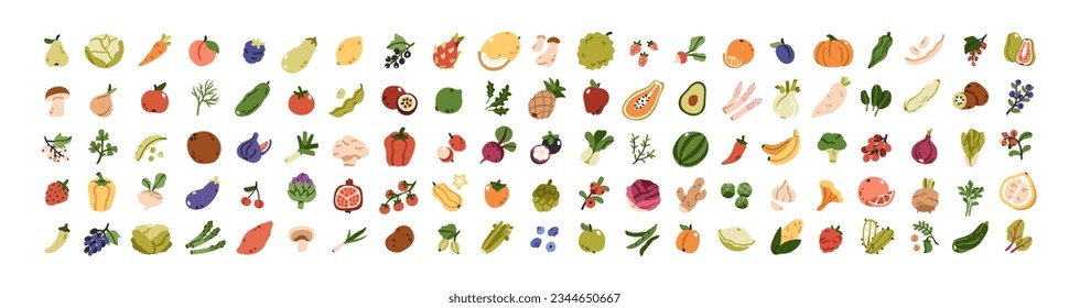 Fruit, vegetable icons set. Fresh healthy vegetarian food bundle. Berries, mushrooms, cabbage, broccoli, organic vegan products, veggies. Flat graphic vector illustrations isolated on white background