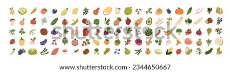 Fruit, vegetable icons set. Fresh healthy vegetarian food bundle. Berries, mushrooms, cabbage, broccoli, organic vegan products, veggies. Flat graphic vector illustrations isolated on white background