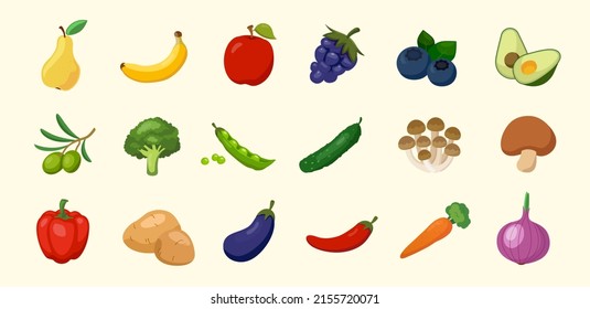 fruit and vegetable illustration set. set of apple, banana, avocado, potato, onion. Vector drawing. Hand drawn style.