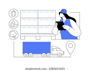 Fruit and vegetable import abstract concept vector illustration. Worker controls process of fruits and vegetables delivery, import products, food industry, farming economy abstract metaphor.