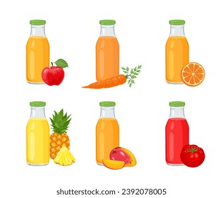 Fruit and vegetable juices in glass bottles set. Vector cartoon illustration of orange, tomato, carrot, apple, mango and pineapple drink.