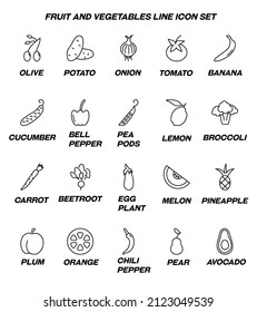 Fruit and vegetable line icon set. Suitable for web sites, advertisements, pages, stores, banners etc. Including signs of olive, potato, onion, tomato, banana etc
