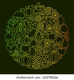 Fruit Vegetable Line Icons Design. Vector Illustration Healthy Food Objects.