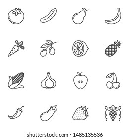 Fruit and vegetable line icons set. linear style symbols collection, outline signs pack. vector graphics. Set includes icons as tomato, cucumber, pear, banana, carrot, olives, lemon, pineapple, apple