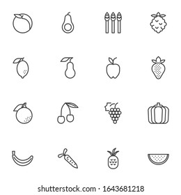 Fruit and vegetable line icons set. linear style symbols collection, healthy food outline signs pack. vector graphics. Set includes icons as apple, pear, watermelon, strawberry, grape, pumpkin, carrot
